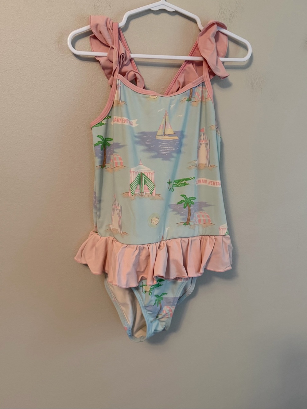 The Beaufort Bonnet Company Pink & Light Blue Beach Theme Ruffle Swimsuit